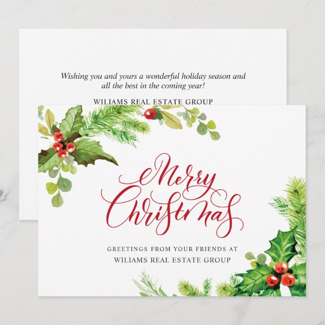 Carte de vœux de Noël festive à motif de houx et d (Devant / Derrière)