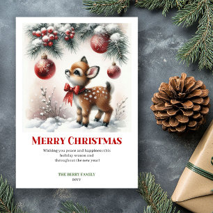 Carte de vœux de Noël forêt enneigée Faon délicat