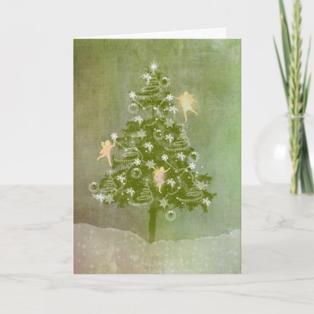 Carte de vœux de Noël Magique, Sapin et Fées (Devant)