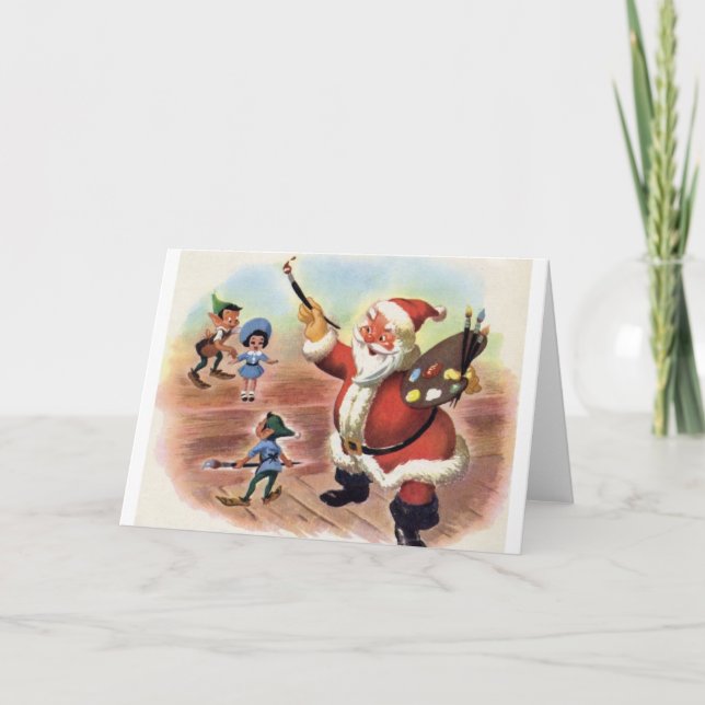 Carte de voeux de Noël Père Noël et Elves vintage (Devant)