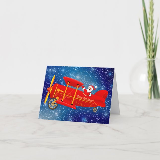 Carte de voeux de Noël père Noël Flying Biplane (Devant)