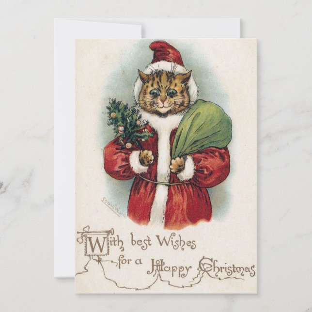 Carte de vœux de Noël plate de Louis Wain Santa Ca (Devant)