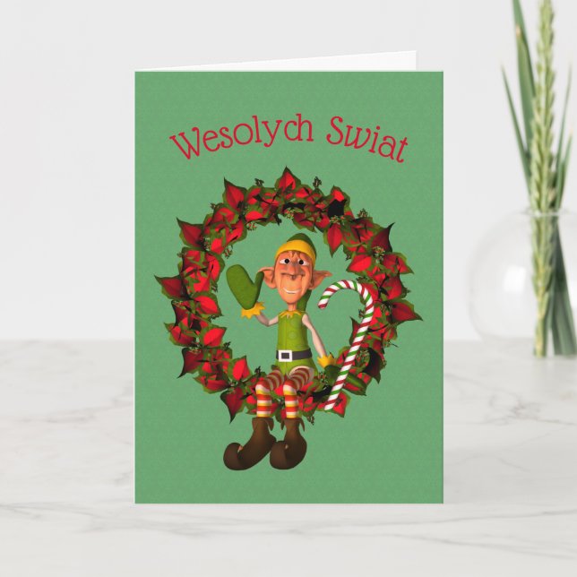 Carte de voeux de Noël Polonaise Elf sur la couron (Devant)