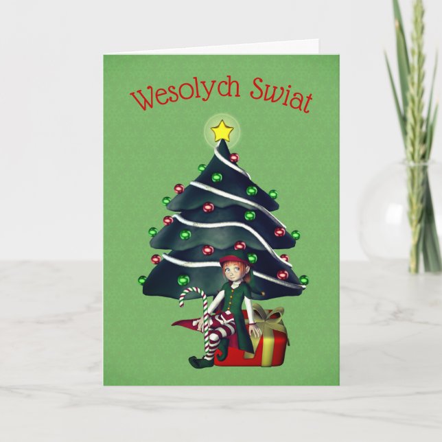 Carte de voeux de Noël polonaise Girl Elf Tree (Devant)
