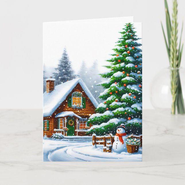 Carte de voeux de Noël Rustic Snowy Log Cabine (Devant)