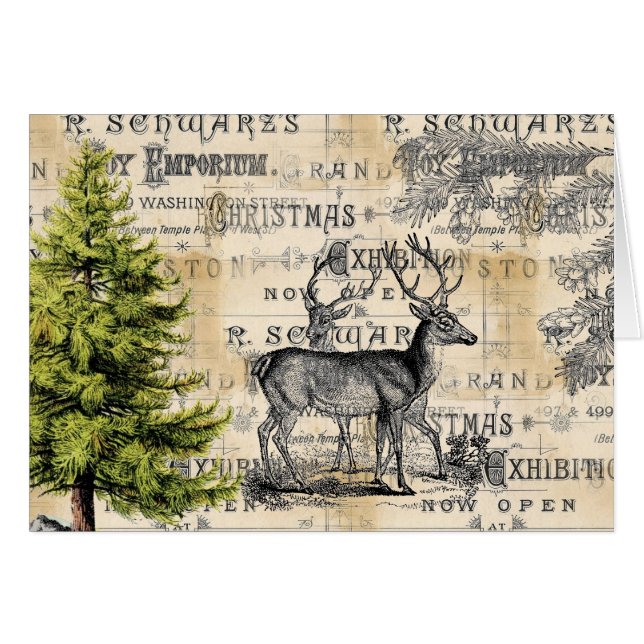 Carte de voeux de Noël Vintage aux Cerfs de Bois (Devant Horizontal)