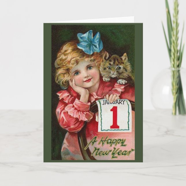 Carte de voeux de Nouvel An pour enfant et chaton  (Devant)