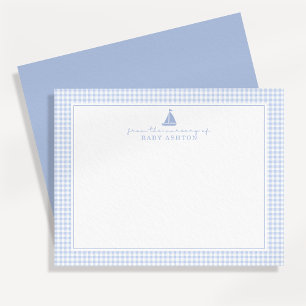 Carte de vœux de nurserie à voilier en vichy bleu