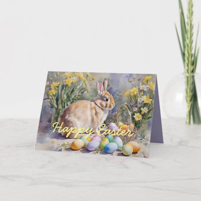 Carte de voeux de Pâques pour lapin et oeufs aquar (Devant)