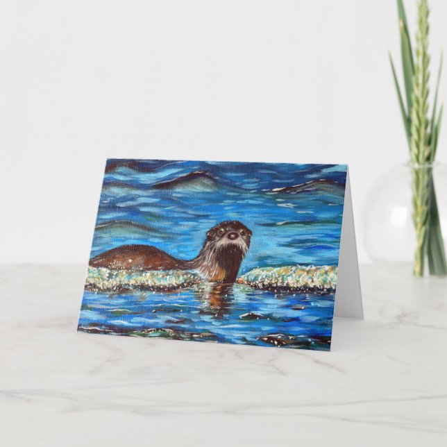 Carte de voeux de peinture de Otter dans les vague (Devant)