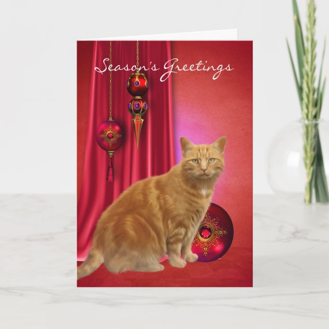 carte de vœux de saison avec chat roux et ornement (Devant)