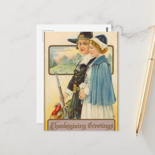 carte de vœux de Thanksgiving de pèlerin mignonne  (Devant/Arrière en situation)