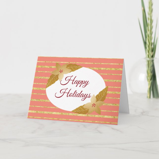 Carte de voeux de vacances Coral et Gold Stripe (Devant)