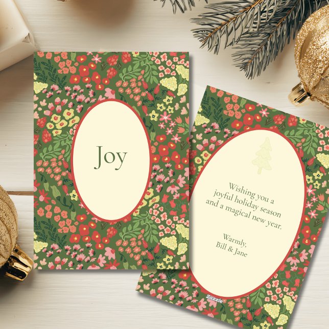 Carte de vœux de vacances élégante JOY - Message p (Elegant Floral Holiday Flat Card with Personalization)