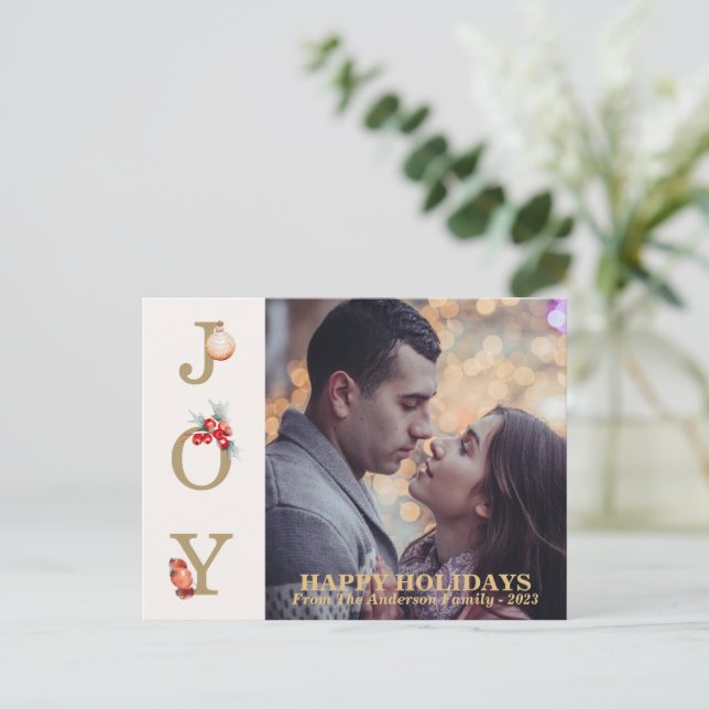 Carte de vœux de vacances Joie dorée Photo (Debout devant)