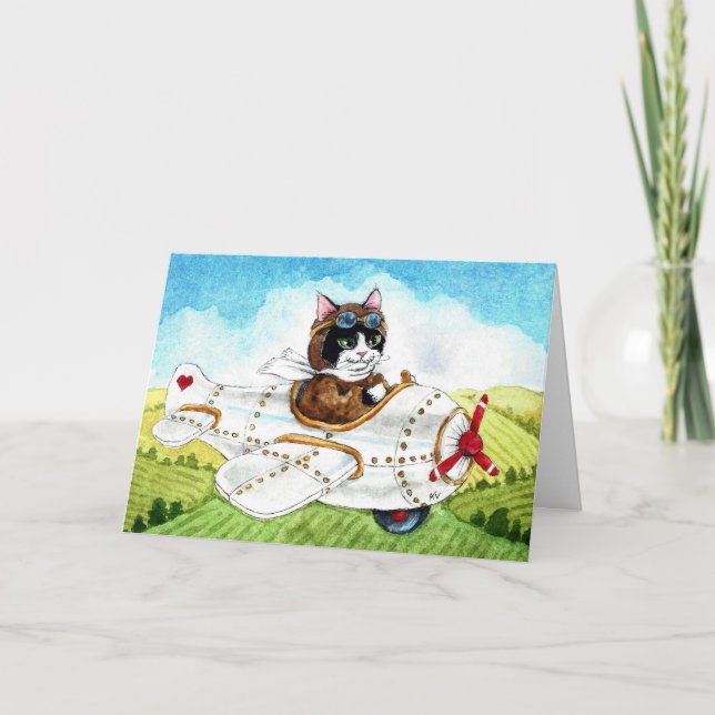Carte de voeux de voyage de l'avion Chat Cute (Devant)