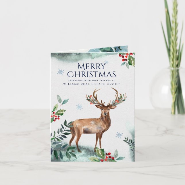 Carte de vœux d'entreprise de Noël Cerf au houx él (Devant)