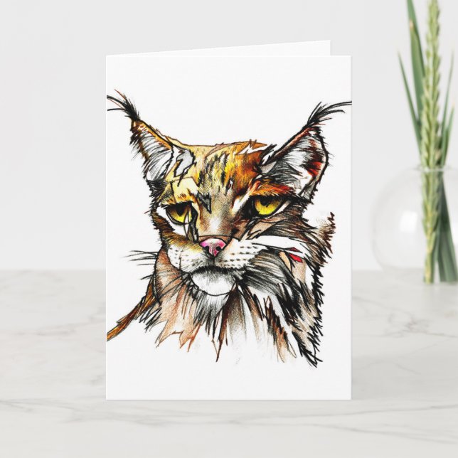 Carte de voeux : Dessin sauvage de chat de Linx (Devant)