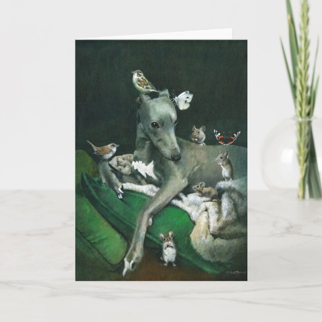 Carte de voeux d'oiseaux et de souris de whippet (Devant)