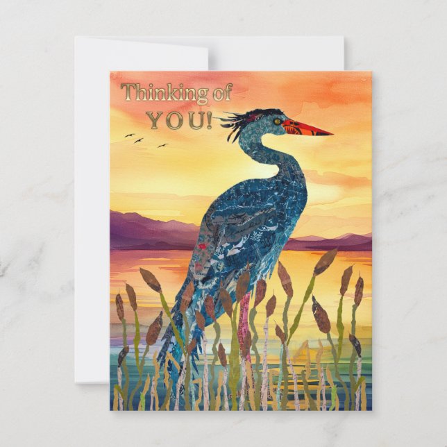 Carte de vœux du coucher de soleil du héron bleu (Devant)