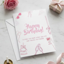 Carte de Vœux Élégante Anniversaire Rose Sketch