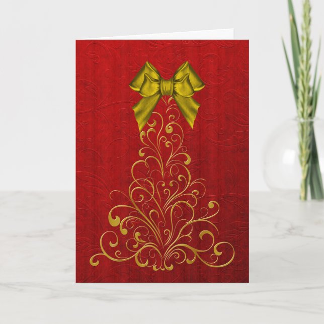 Carte de voeux élégante d'arbre de Noël d'or (Devant)