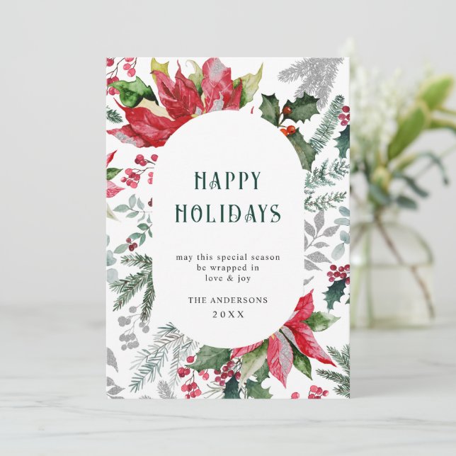 Carte de vœux élégante Poinsettia Noël Gui (Debout devant)