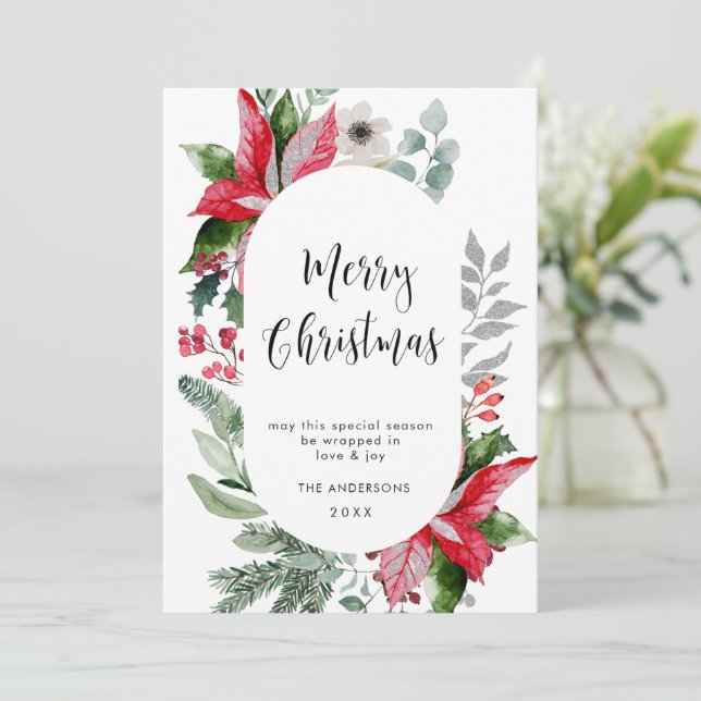 Carte de vœux élégante Poinsettia Noël Gui (Debout devant)