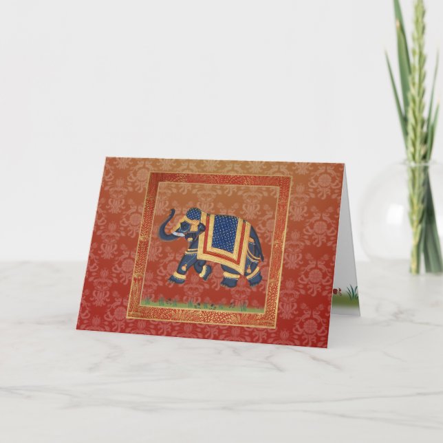 Carte de voeux Elephant gris or rouge damassé (Devant)
