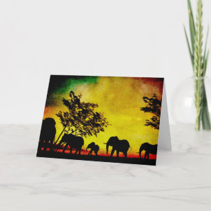 Carte de vœux Éléphants Coucher de soleil