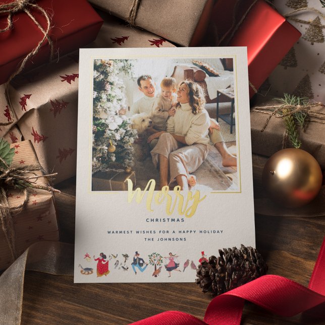Carte De Vœux En Aluminium 12 Jours de Noël ecru Photo (Beautiful gold foil 12 days of Christmas Holiday Photo greeting card.)