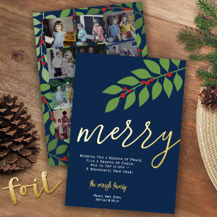 Carte De Vœux En Aluminium 12 Photo Collage - Merry Script - Navy Botanical