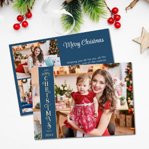 Carte De Vœux En Aluminium 4 photos Joyeux Noël bleu famille or