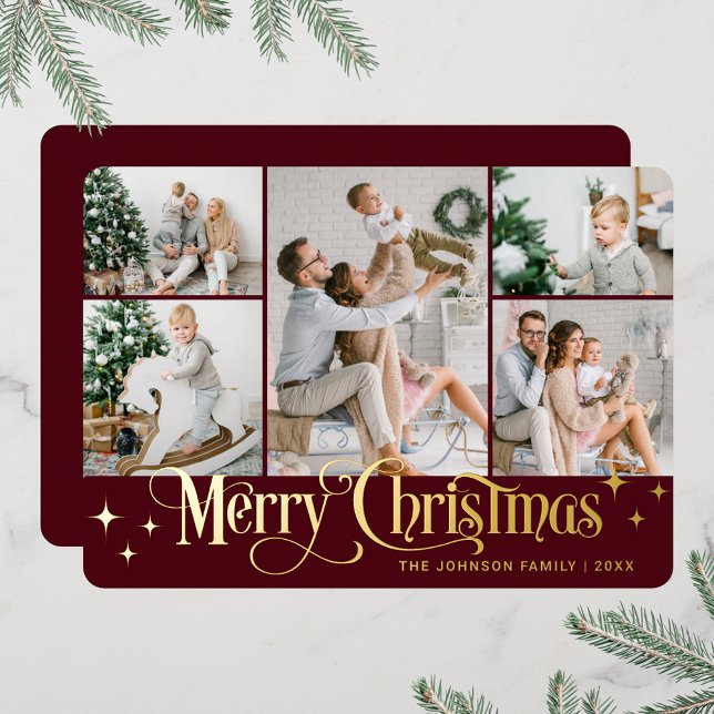 Carte De Vœux En Aluminium 5 PHOTO Sparking Joyeux or de Noël (PHOTO Sparkle Merry Christmas Greeting Foil Holiday Card)