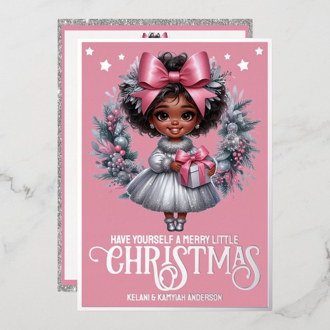 Carte De Vœux En Aluminium Adorable Fille Afro rose & Argent Serre de Noël (Recto/Verso)