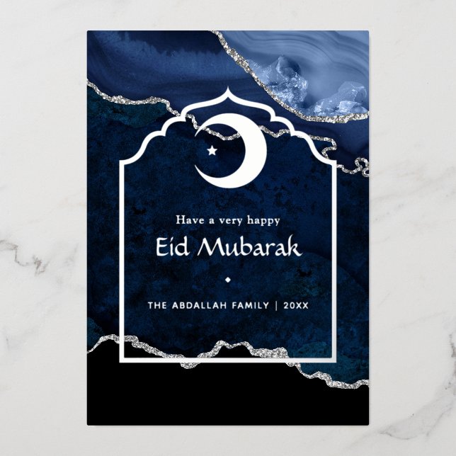 Carte De Vœux En Aluminium Aïd el-Moubarak, la marine et l'argent (Recto)