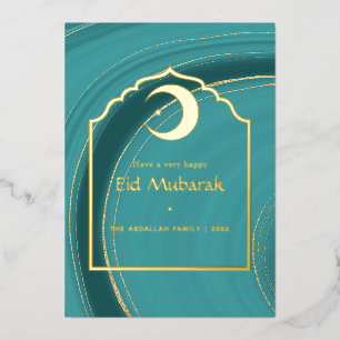 Carte De Vœux En Aluminium Aïd Moubarak Turquoise - Turquoise et or Agate Foi