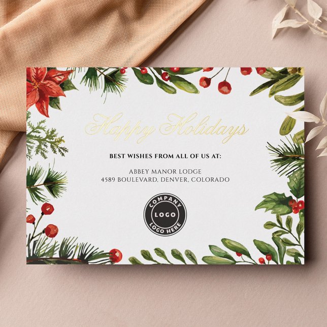 Carte De Vœux En Aluminium Ajoutez votre logo Business Christmas Gold (Corporate Logo Script Christmas Greetings Card)