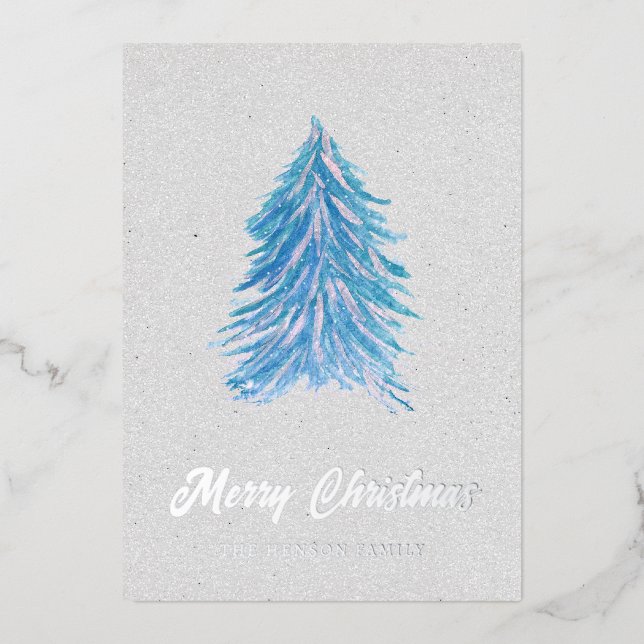 Carte De Vœux En Aluminium Aquarelle bleue sapin de Noël Simple Joyeux (Recto)