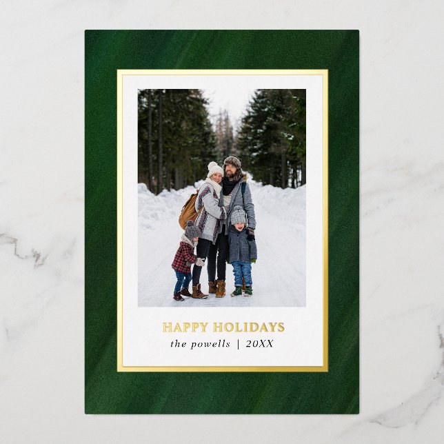 Carte De Vœux En Aluminium Aquarelle Cadre vert foncé Photo Noël (Recto)