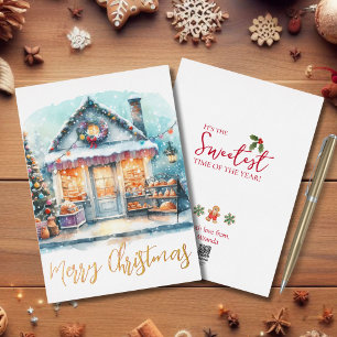 Carte De Vœux En Aluminium Aquarelle de Noël Boulangerie de neige devant la b