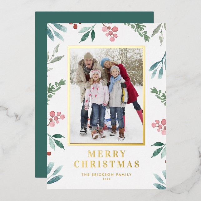 Carte De Vœux En Aluminium Aquarelle Hiver Cadre botanique Photo de Noël (Recto/Verso)
