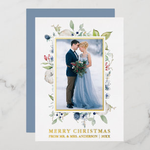 Carte De Vœux En Aluminium Aquarelle Hiver Floral Dusty Bleu Nouveauté Or