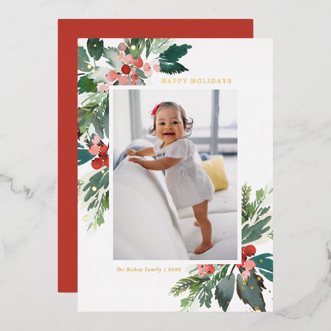 Carte De Vœux En Aluminium Aquarelle Holly Gold Foil Happy Holidays Photo (Recto/Verso)