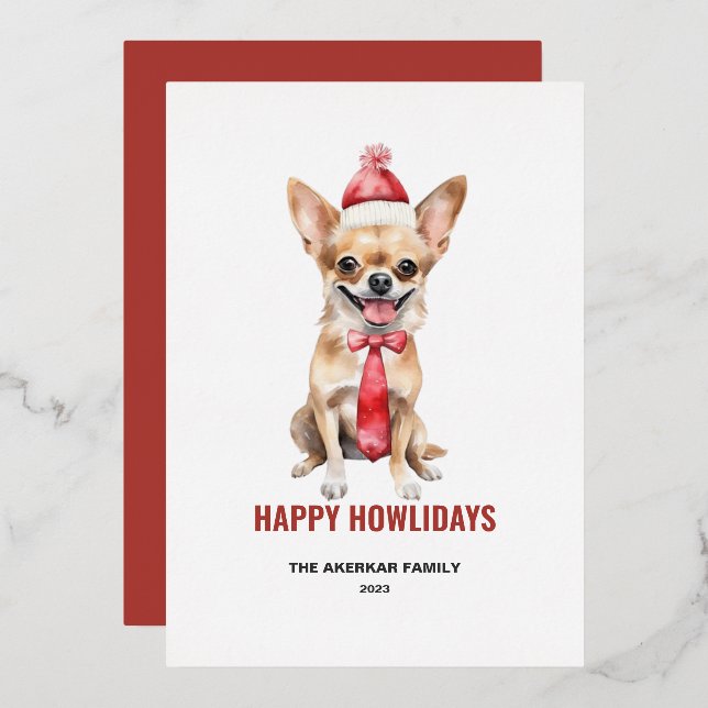 Carte De Vœux En Aluminium Aquarelle Long Haired Chihuahua Joyeux Howlidays (Recto/Verso)