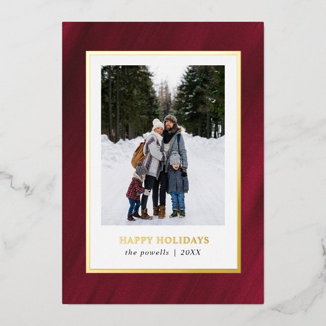 Carte De Vœux En Aluminium Aquarelle Merlot cadre rouge Photo Noël (Recto)