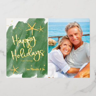Carte De Vœux En Aluminium Aquarelle minimaliste Green & Gold Beach Tropical