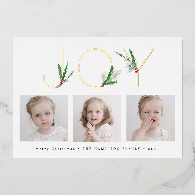 Carte De Vœux En Aluminium Aquarelle Noël Foliage Joie avec trois photos (Recto)