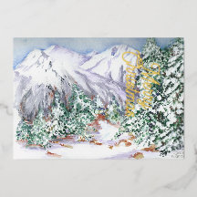 Aquarelle Paysage de montagne de neige avec pins