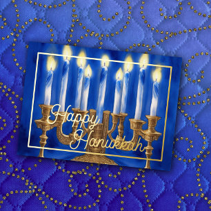 Carte De Vœux En Aluminium Aquarelle Peinture de Menorah Bleu Bougies blanche
